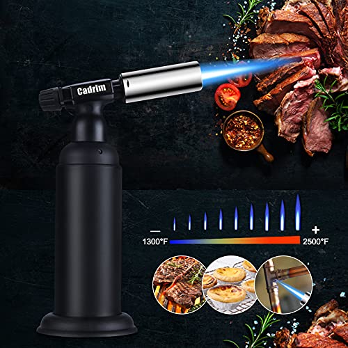 Cadrim Chalumeau au butane rechargeable - Chalumeau de cuisine double feu et petite flamme réglable - Pour crème brûlée, barbecue (combustible butane non inclus) - Noir (Jet-noir)