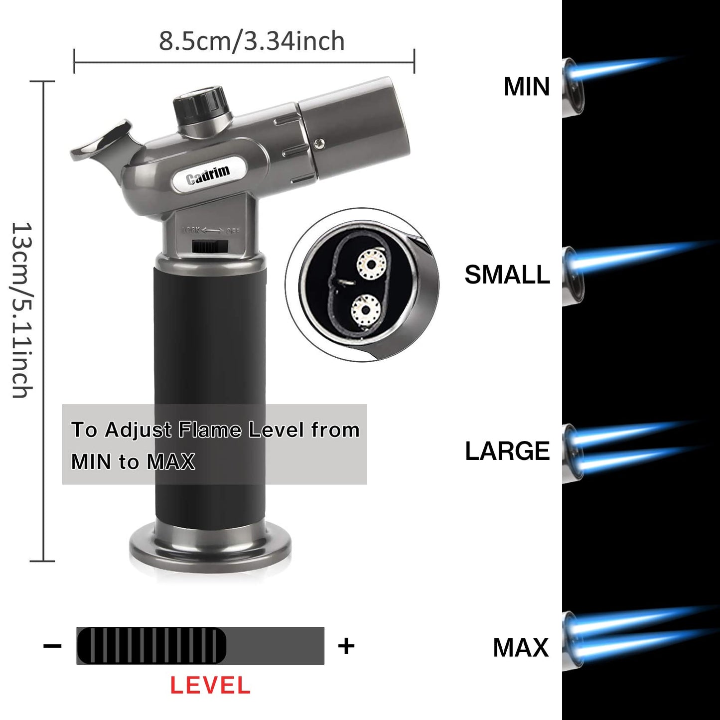 Cadrim Chalumeau au butane rechargeable - Chalumeau de cuisine double feu et petite flamme réglable - Pour crème brûlée, barbecue (combustible butane non inclus) - Noir (Jet-noir)