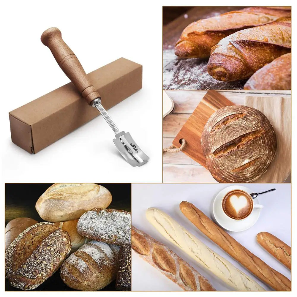 Bread Bakers Cutter Slashing Tool Bread Lame Dough Scoring Blade Tools Making Razor Cutter Curved Knife with Leather Protective