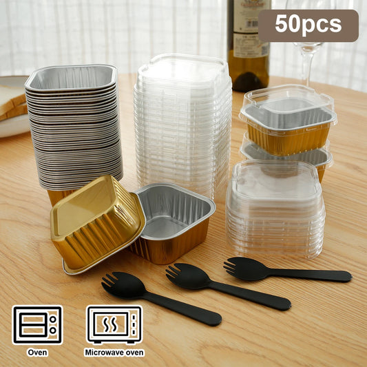 50/100Pcs Aluminum Foil Cupcake Cups with Lids and Spoons Non-Stick Foil Baking Cups 150ml Square Ramekin Pudding Dessert Cups