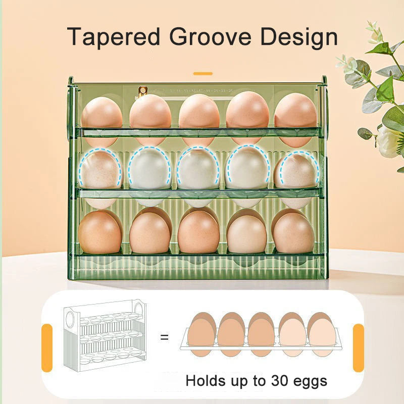 Egg Holder Dispenser for Refrigerator, Large Capacity, Auto-Flip Egg Container, Fridge Storage Box, Kitchen Organizer, 30 Grid