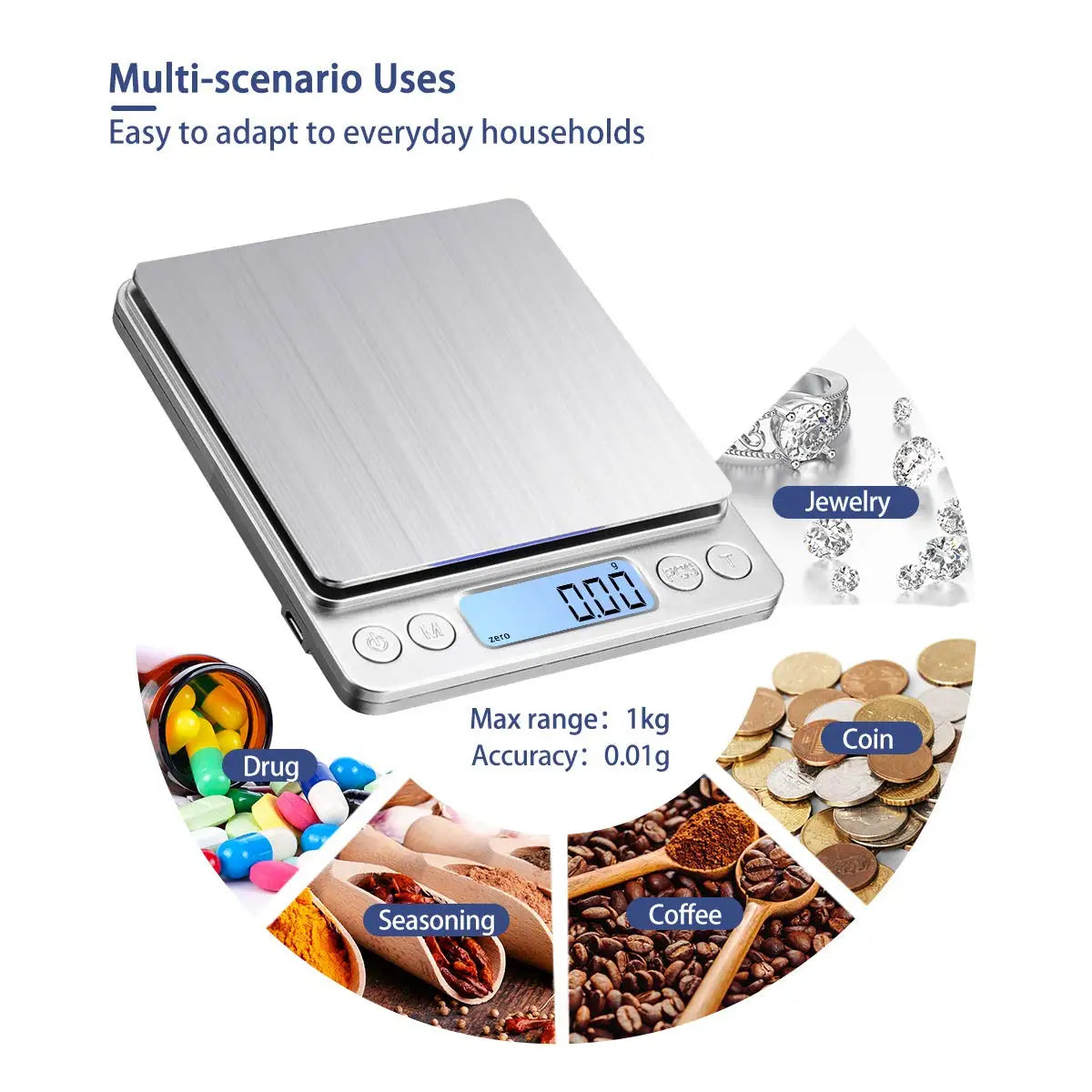 Digital Kitchen Scale 3000g/ 0.1g USB Charging with 2 Trays Home Mini Jewelry Pocket Scale with LCD Display Digital Food Scales