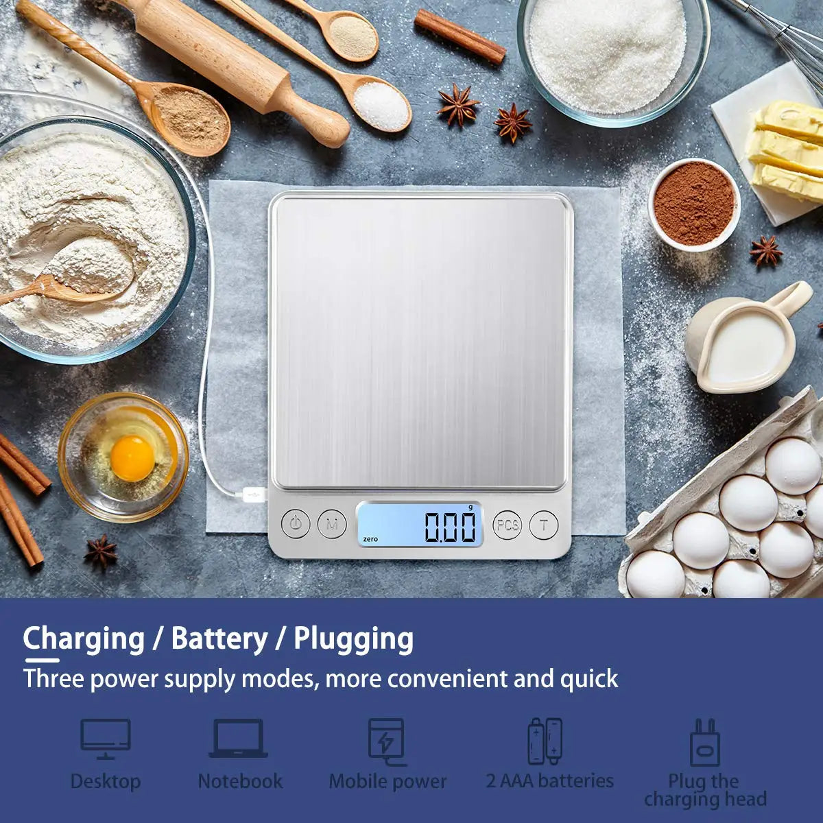 Digital Kitchen Scale 3000g/ 0.1g USB Charging with 2 Trays Home Mini Jewelry Pocket Scale with LCD Display Digital Food Scales